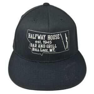 210 Fitted Baseball Cap Black 7 5/8 Halfway House Bar Grill Bull Lake MT Hat